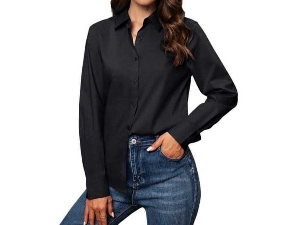 Siliteelon Womens Black Button Down Shirt Long Sleeve Work Office Blouse Top 2XL